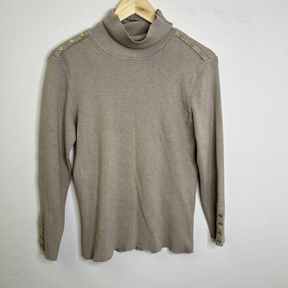 Calvin Klein turtleneck sweater with gold buttons beige tan khaki ribbed Size L - Picture 5 of 9